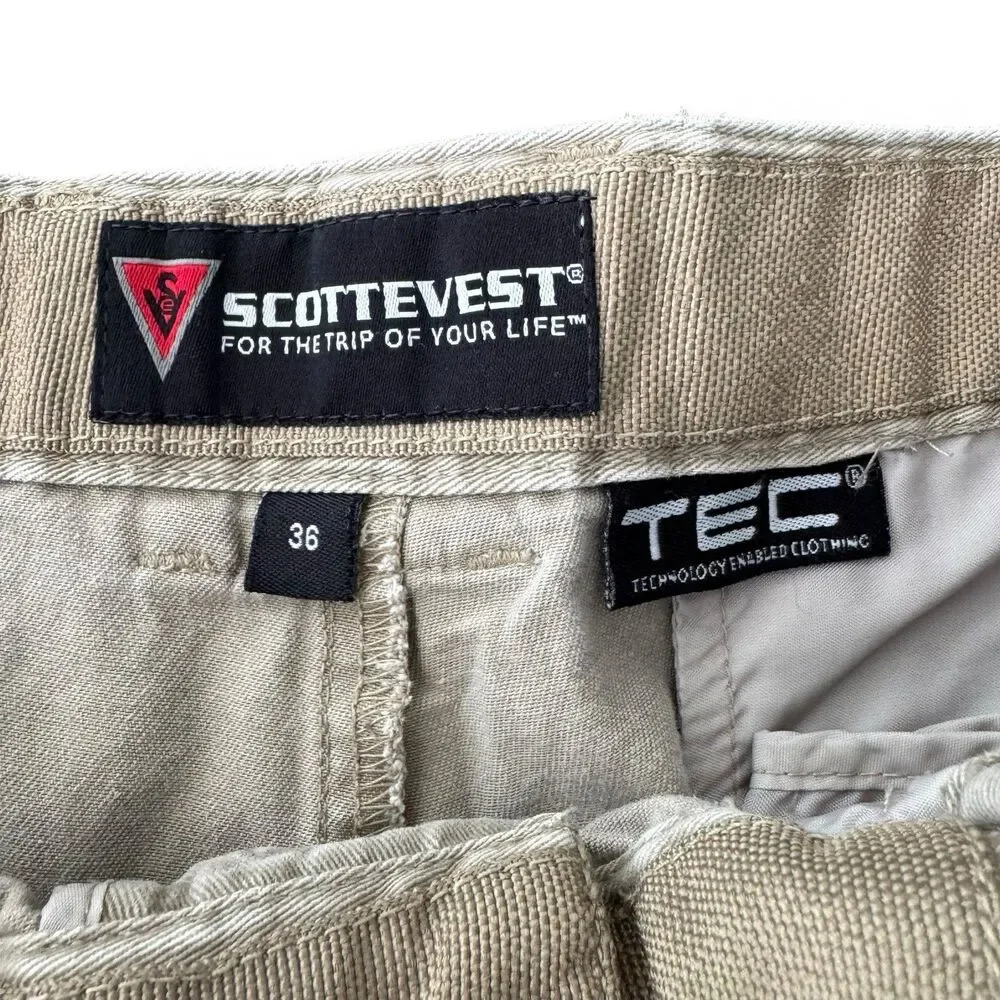 SCOTTeVEST TEC Sev Walking Shorts Men 36 Tan Cargo 8 Pocket Cotton Twill Utility